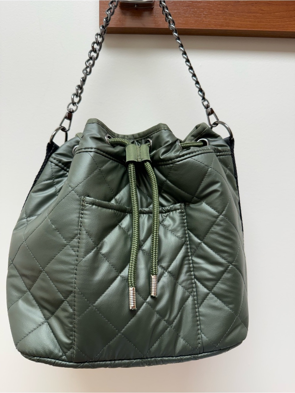 HAUTE SHORE Quilted Bucket Shoulder Bag in Olive Green NWOT